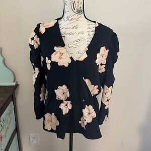 Who What Wear Floral Peplum Top Blouse Black White Size Large